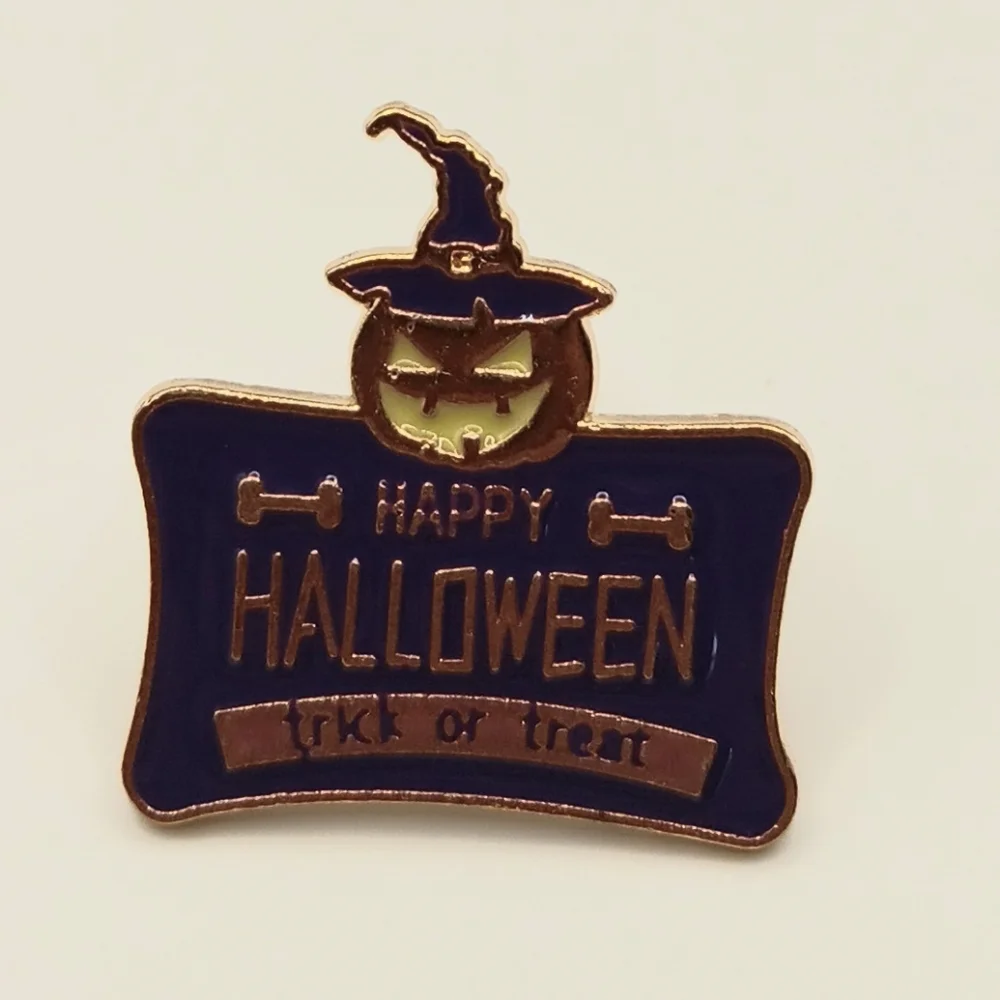 Happy Halloween Little Spooky Pumpkin Metal Enamel Pin, Goth Horror Fall